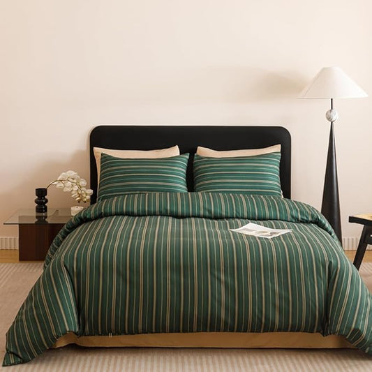 CLOTHKNOW Green Striped Twin/Twin XL Comforter Set 3Pcs Green Khaki Black Bedding Comforter Sets Ticking Farmhouse Comforter with 2 x Pillow Cases