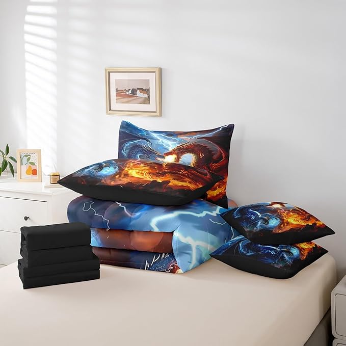 Feelyou Medieval Dragon Comforter Set 7 Pieces Full Size Lightning Fire Pattern Bedding Set for Boys Girls Ancient Wildlife Bed in a Bag with Comforter, Sheets, Pillowcases & Cushion Covers