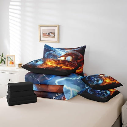 Feelyou Medieval Dragon Comforter Set 7 Pieces Full Size Lightning Fire Pattern Bedding Set for Boys Girls Ancient Wildlife Bed in a Bag with Comforter, Sheets, Pillowcases & Cushion Covers