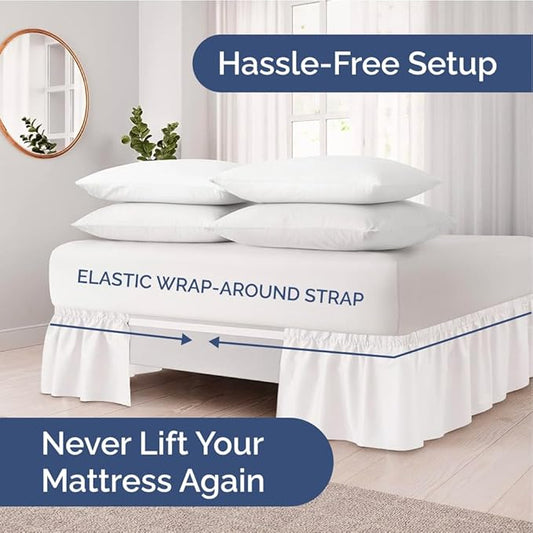 Wrap Around Dust Ruffle Bed Skirt - Antique White - for Full Size Beds w/ 15 Inch Drop - Easy Fit Elastic Strap - Adjustable Pleated Bedskirt w/Brushed Fabric, Wrinkle Free Women, Men, Kids & Teens