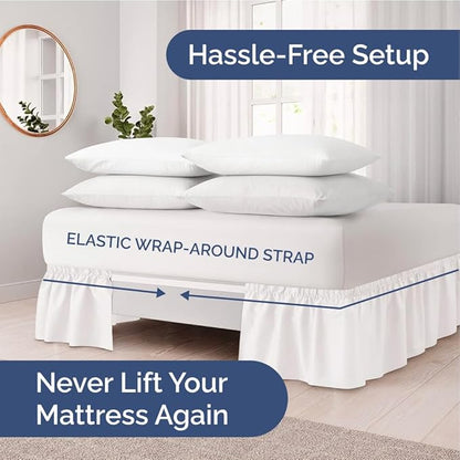 Wrap Around Dust Ruffle Bed Skirt - Antique White - for Queen Size Beds w/ 12 Inch Drop - Easy Fit Elastic Strap - Adjustable Pleated Bedskirt w/Brushed Fabric, Wrinkle Free Women, Men, Kids & Teens
