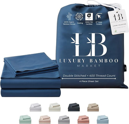 Luxury Bamboo Market | Queen Size Bed Sheet Set | 100% Viscose Made from Bamboo | Organically Grown | Ultra Soft | Cooling Sheets for Hot Sleepers | 17" Deep Pocket [Midnight Blue]