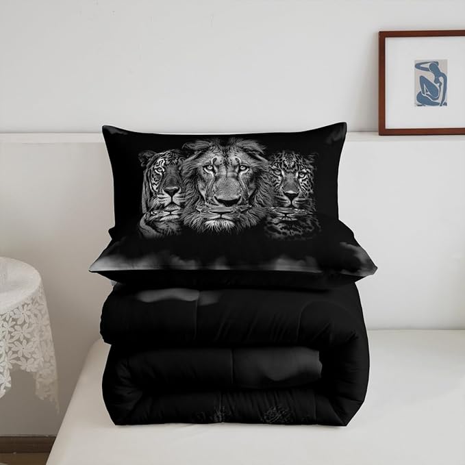 Wild Animals Comforter Set Full Size Tiger Lion Leopard 3D Bedding Set 3pcs for Kids Boys Men Home Room Decor,Black White Smog Down Comforter Modern Microfiber Quilted Duvet with 2 Pillowcases