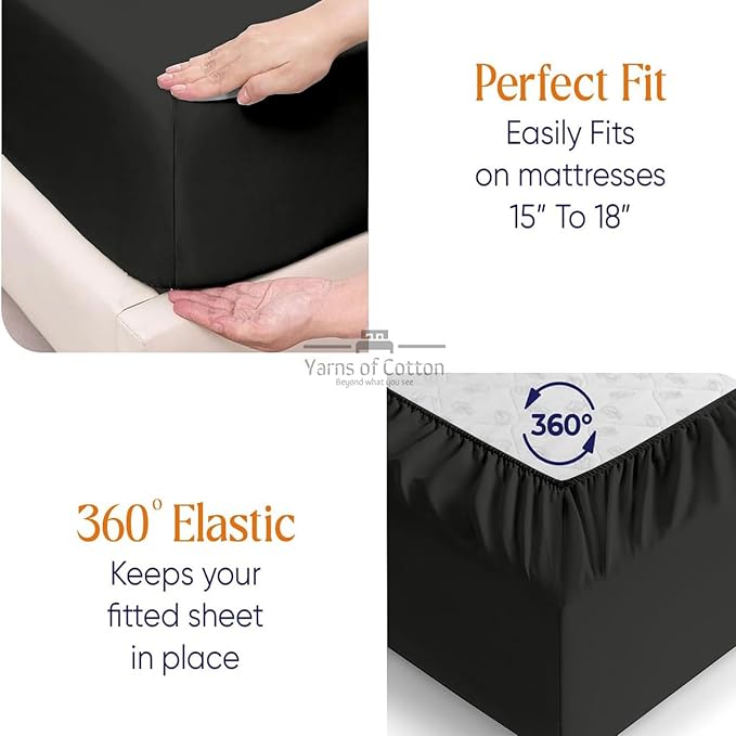 Split Head Flex 2 Qty Fitted Sheet for Adjustable Bed, King 34" Split Down from The Top, 100% Egyptian Cotton 600 Thread Count, 18" Deep Pocket, Super Soft Wrinkle Free, Black