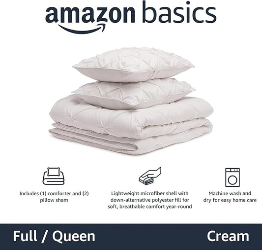 Amazon Basics Warm, Breathable Down-Alternative Comforter Set, 3-Piece Bedding with Pinch Pleat Design and Piped Edges, Soft, Full/Queen Size, Cream