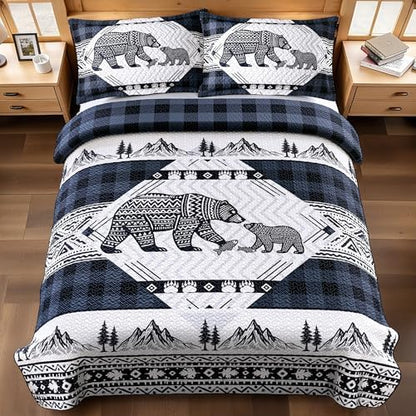 3 Piece Cabin King Size Quilt Sets Farmhouse Rustic Reversible Microfiber Soft Lightweight Bedspread Comforter with 2 Shams Patchwork Country Lodge Bedding Quilts Set for All Season, 106''x96'', Blue