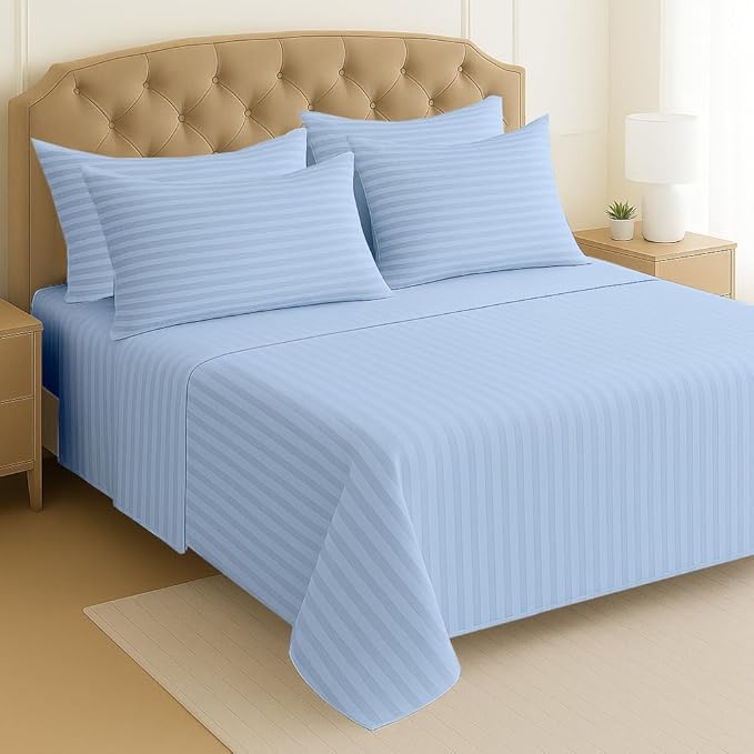 Mattress-Homes Extra Deep Pocket 6 Piece Cal-King Sheet Set, Luxury Collection, 100% Egyptian Cotton, 21" Deep Fitted Sheet, Soft, Cool & Breathable Bedding with 4 Pillowcases in Light Blue Stripe