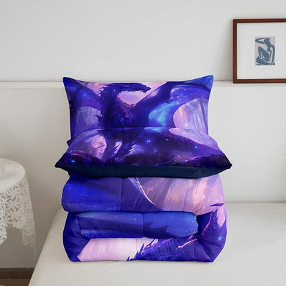 Feelyou Dragon Comforter Set - Toddler Size Jungle Dragon Bedding Set for Boys & Girls - Purple Quilt Set with Wild Animal Duvet Set