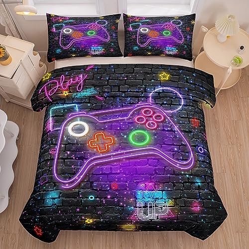 NINENINE Boys Gaming Bedding Sets, 6PCS Full Size Bedding Sets, Bed in A Bag Comforter Sets (1Comforter, 1Flat Sheet, 1Fitted Sheet, 1Cushion Cover, 2Pillowcases)