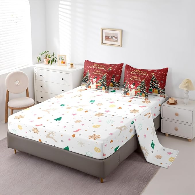 Castle Fairy Merry Christmas 7 PCS Comforter Set,Cartoon Snowman Christmas Trees Bedding Set for Kids Girls,Happy New Year Gifts Bed in a Bag with Comforter,Sheets and Pillow Cases,King