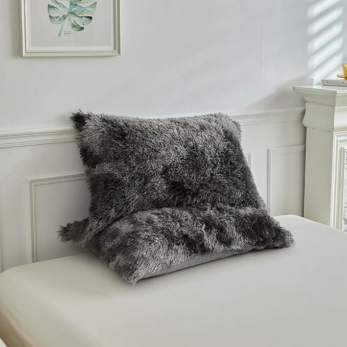 Wajade Faux Fur Plush White Comforter Set Fluffy Fuzzy Shaggy Bedding Set - 3PC Full/Queen Microfiber Soft Warm Quilt Set (Tie Dye Dark Grey, Queen)
