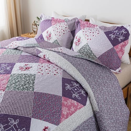 HoneiLife Quilt Sets King Size - 3 Pieces Microfiber Quilt Set Lightweight Bedspreads Reversible Coverlets Retro Bed Cover King Quilt Bedding Set All Season Quilts-Purple