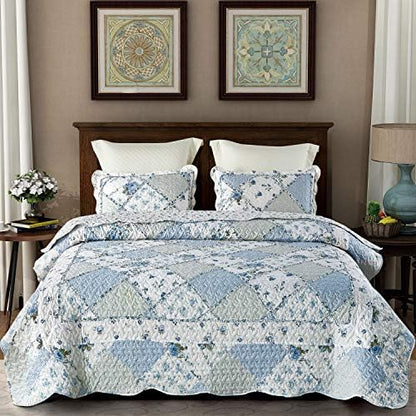 Oversized King Quilt Set Blue Floral Patchwork Alaska King Bedspreads Set