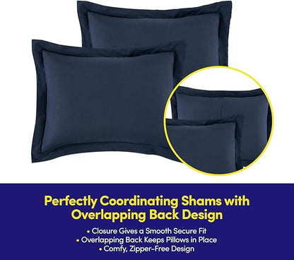 Full Size Comforter Set Quilted Stripe Bedding Bundle – Comforter, Mattress Protector, Sheets with Pockets on the Side & Built-in Corner Strap – Fitted Sheet Media Pocket for Devices, Navy Blue