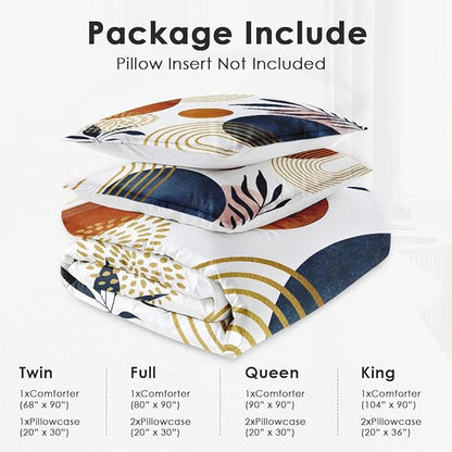Full Size Comforter Set with 2 Pillowcases, Mid Century 3 Pcs Bedding for Adults, Sun Boho Geometric Leaf Soft Comforter Set for Bedroom Bed Decor