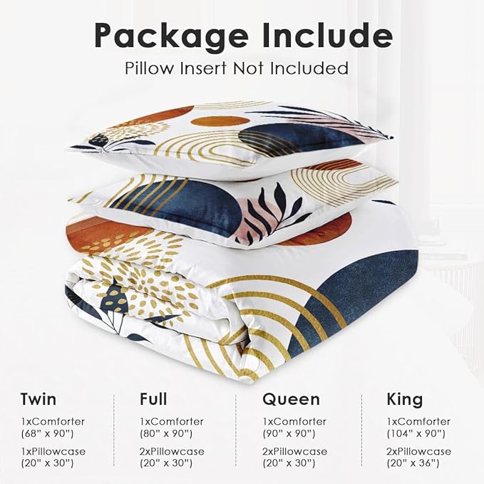 Queen Size Comforter Set with 2 Pillowcases, Mid Century 3 Pcs Bedding for Adults, Sun Boho Geometric Leaf Soft Comforter Set for Bedroom Bed Decor