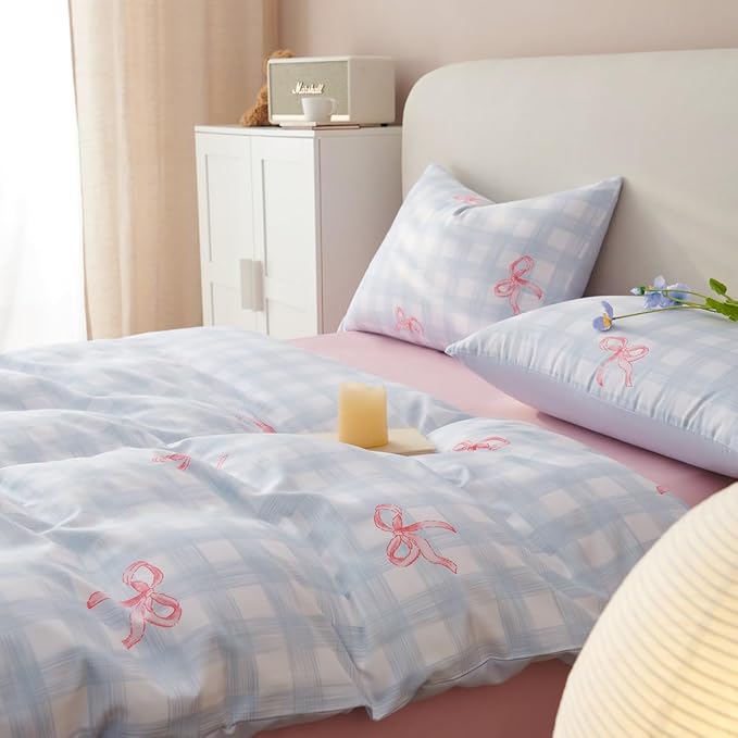 Comforter Set Twin Size - 2 Pieces Blue Pink Bows Comforter Set Gingham Checkered Bedding Sets,Twin Bed in a Bag Plaid Comforter and 1 Pillowcase,Back to School Comforter