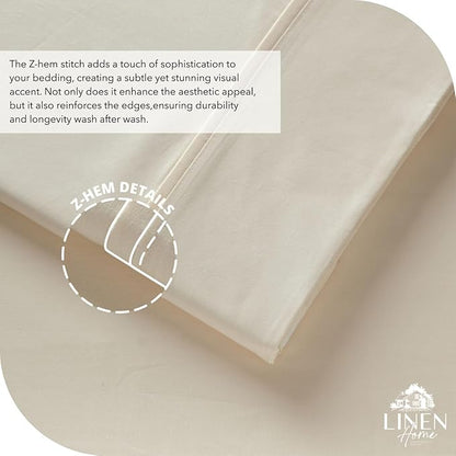Linen Home 100% Cotton Percale Sheet Set, Queen Size, Ivory, Deep Pocket, 6 Pieces Set - 1 Flat, 1 Deep Pocket Fitted Sheet and 4 Pillowcases, Crisp Cool and Strong Bed Linen