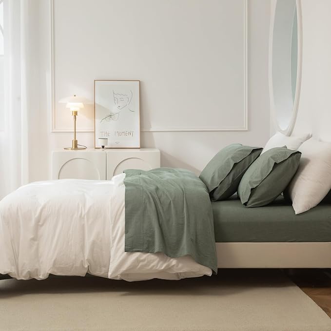 JIYUAN Queen Size Sheet Set, 4-Piece - 100% Washed Cotton, Linen-Like Soft & Breathable, Includes Deep Pocket Fitted & Flat Sheet with 2 Pillowcases, Hotel Quality, Heathered Green
