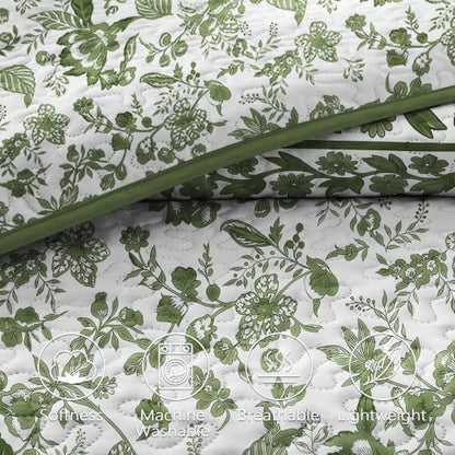 FLYMME Green Vintage Floral Quilt Set King/Cal King Size, 3-Piece Classic Reversible Bedspread Coverlet with 2 Pillow Shams, Lightweight Botanical Bedding Set for All Season