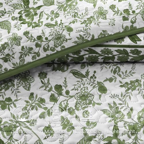 FLYMME Green Vintage Floral Quilt Set Full/Queen Size, 3-Piece Classic Reversible Bedspread Coverlet with 2 Pillow Shams, Lightweight Botanical Bedding Set for All Season