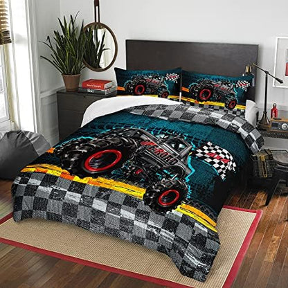 AILONEN Racing Car Comforter Set Twin Full Size, Off-Road Racing with Racing Plaid Patterns Bedding Set for Kids Boys Girls Teens Bedroom,3 Pieces,1 Quilt and 2 Pillowcases,Soft,Breathable