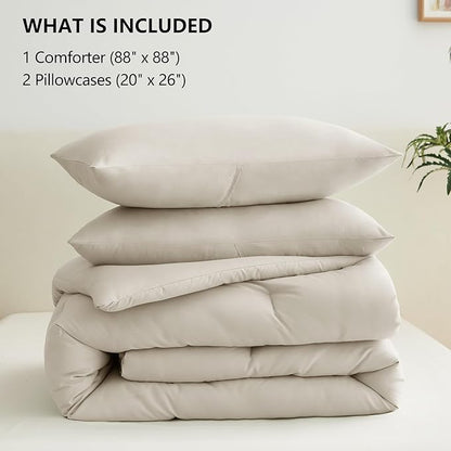 CozyLux Beige Queen Comforter Set, 3 Pieces Boho Solid Breathable Quilted Style Bedding Sets, Luxury Fluffy Soft Bed Set with Down Alternative Comforter for All Season (1 Comforter & 2 Pillowcases)