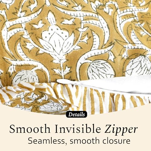 CPC Block Print Mustard Regal Ruffle Cotton Lumbar Pillow Cover 14x36 inch
