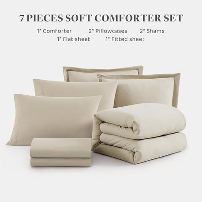 WRENSONGE Light Oatmeal Super King Plus Comforter Set, 7 Pieces Soft Microfiber Comforters with Fitted Sheet, Flat Sheet, 2 Pillow Shams, and 2 Pillowcases- Warm Bedding Sets for All Season