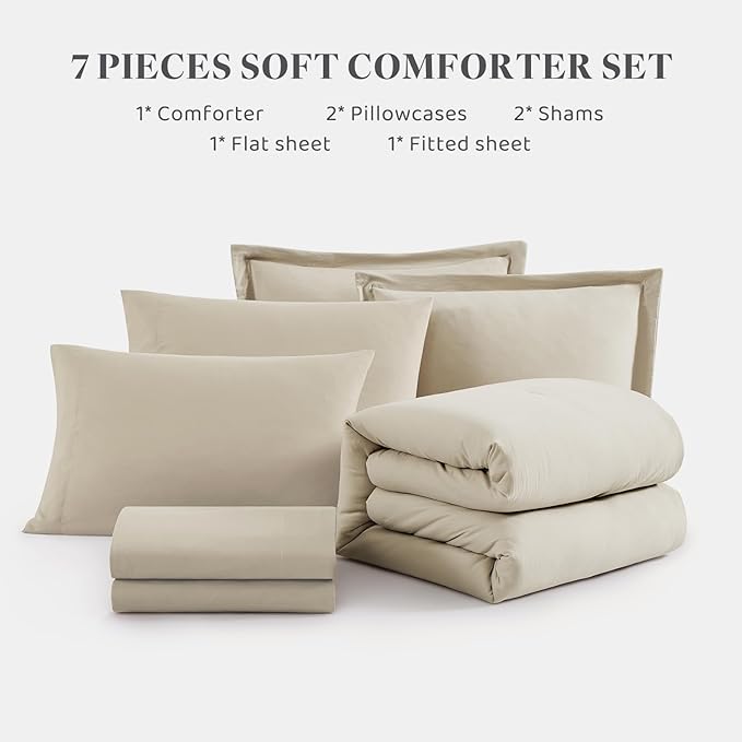 WRENSONGE Oversize King Size Comforter Sets- 7 Pieces Soft Light Oatmeal Bed in a Bag with Fitted Sheet, Flat Sheet, 2 Pillow Shams, 2 Pillowcases, Warm Bedding Sets for All Season