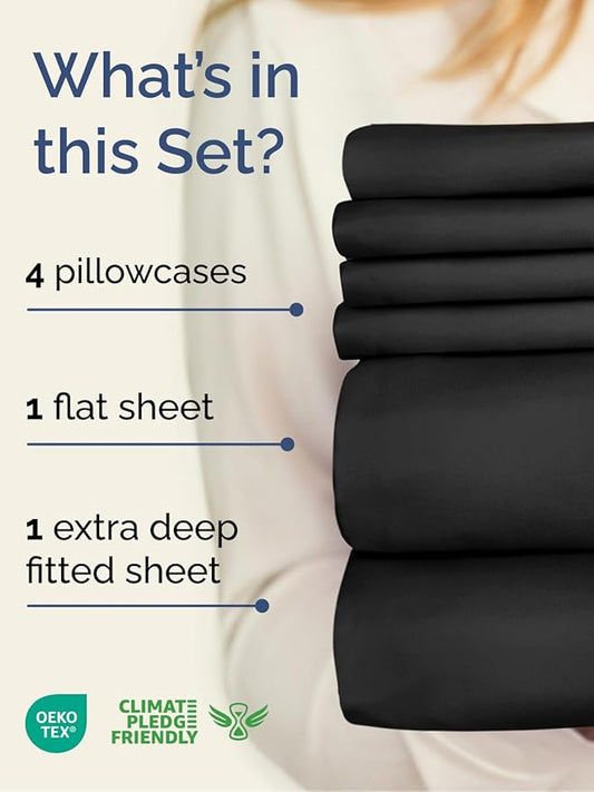 Extra Deep Full Sheet Set - 6 Piece Breathable and Cooling Sheets - Hotel Luxury Bedding for Women, Men, Kids & Teens - Easy & Secure Fit - Soft, Wrinkle Free and Comfy - Extra Deep Pockets - Black