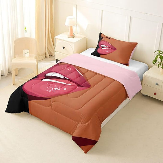 Erosebridal Black Girls Pink Bedding Set Kids African Black Women Toddler Comforter Set Vogue Fashion Gorgeous Duvet Insert for Girls Women Teens Minimalist Romantic Makeup Quilt with 1 Pillow Case