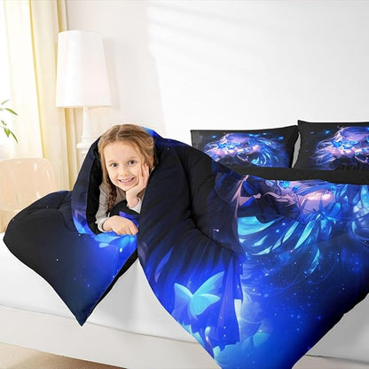 Erosebridal 3D Japanese Girl Kids Comforter Set | Blue Butterfly Decorations Bedding King,Cartoon Down Comforter Anime Gifts for Her Duvet Set for Bedroom