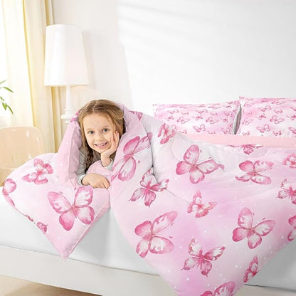 Erosebridal Pink Butterfly Comforter Set for Kids Boys Girls 3D Pink Dreamy Butterfly Bedding Colorful Ink Stick Printing Duvet Set All Season Microfiber Comforter King with 2 Pillowcases