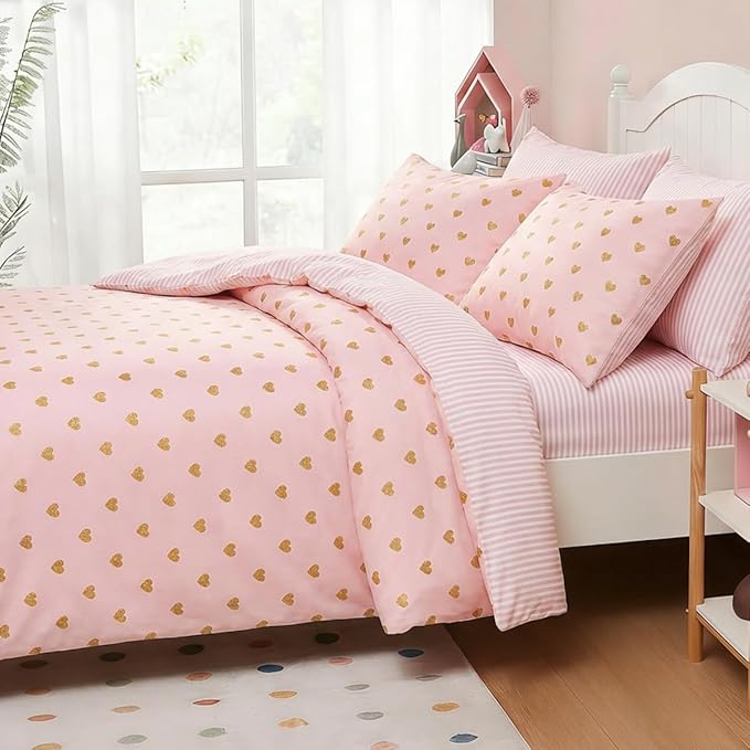 Pink Comforter Set Queen Gold Heart Bedding Set for Girls Kids, Reversible Pink White Wide Striped Design, Cute Coquette Comforter 3 Pieces, with 2 Pillowcases, Soft 100% Microfiber