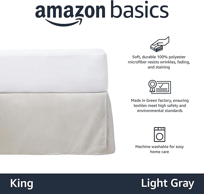Amazon Basics Lightweight Pleated King Size Bed Skirt, Wrinkle and Fade Resistant, Machine Washable, Dust Ruffle, Light Grey, 16-inch Drop