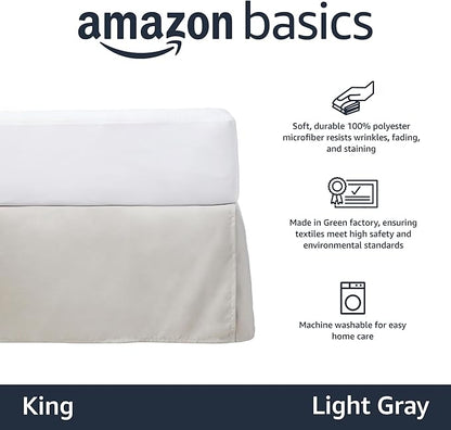 Amazon Basics Lightweight Pleated King Size Bed Skirt, Wrinkle and Fade Resistant, Machine Washable, Dust Ruffle, Light Grey, 16-inch Drop