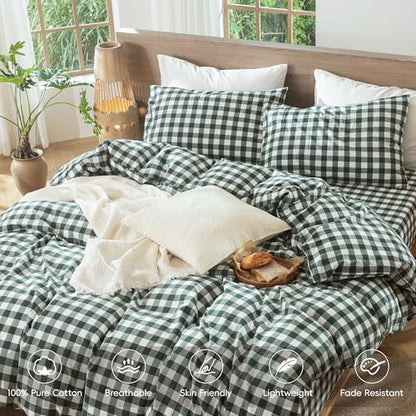 MooMee Gingham Duvet Cover Set 100% Washed Cotton Linen Like