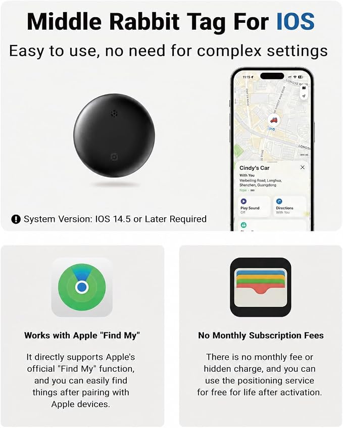 GPS Cat Tracker Collar for iPhone, Works with Apple Find My, No Monthly Fee, Lightweight Pet Tracking Tag with Collar Holder for Cats