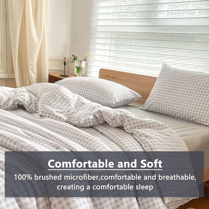 NSNLGSGC Queen Comforter Set, Light Gray Gingham Bedding Comforter Sets, Gary Grid Bed Comforter 3 Pieces (1 Comforter, 2 Pillowcases)