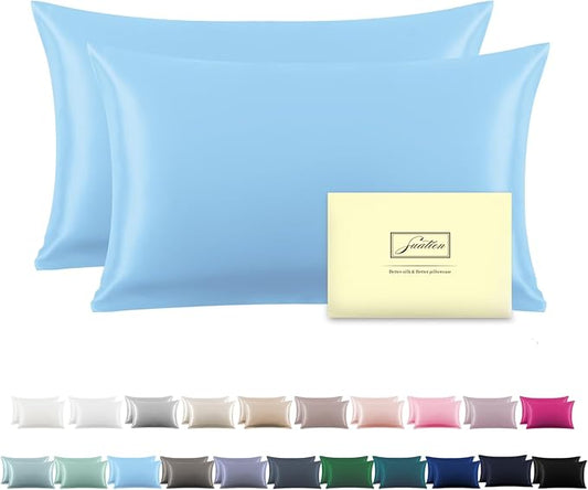 Silk Pillow Cases 2 Pack Soft Breathable and Sliky King Size Pillow Cases Set of 2,Natural Mulberry Silk Pillowcase Set of 2 for Hair and Skin with Hidden Zipper (Sky Blue,20"X 36",2pcs)