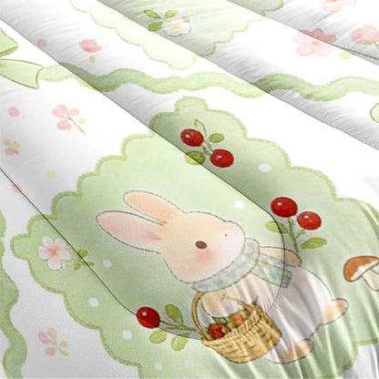Green Rabbit Bedding Set King Size, 5 Pieces Gingham Patchwork Comforter Set for Girls, Cute Cherry Bed Set Includes 1 Comforter (104" x 90"), 2 Pillowcases, 1 Fitted Sheet, 1 Flat Sheet
