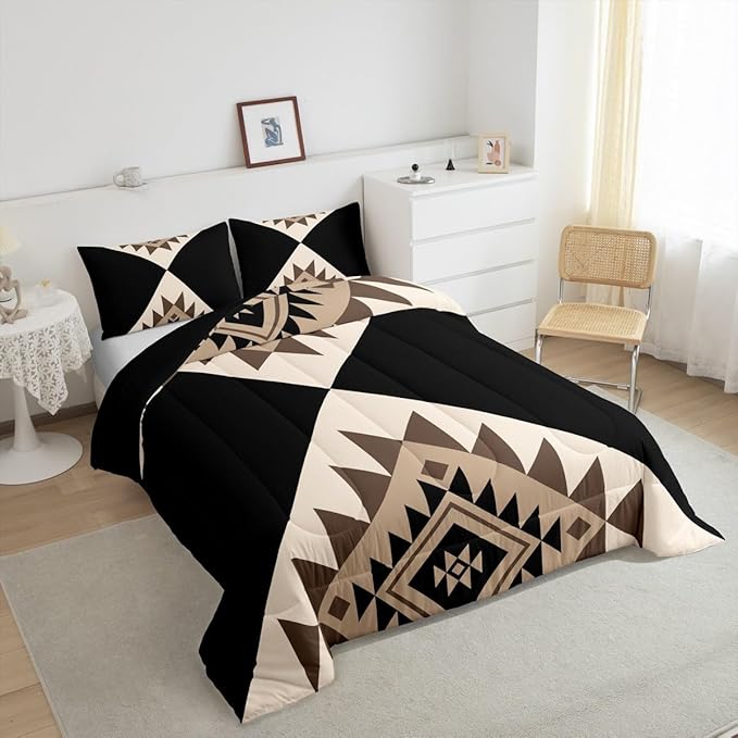 Erosebridal Black Beige Abstract Bedding Set Full Size Modern Boho Western Aztec Comforter Set for Adult Women Men Geometric Stripes Bed Sets Minimalist Stylish Art Southwestern Quilt Sets