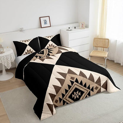 Erosebridal Black Beige Abstract Bedding Set Full Size Modern Boho Western Aztec Comforter Set for Adult Women Men Geometric Stripes Bed Sets Minimalist Stylish Art Southwestern Quilt Sets