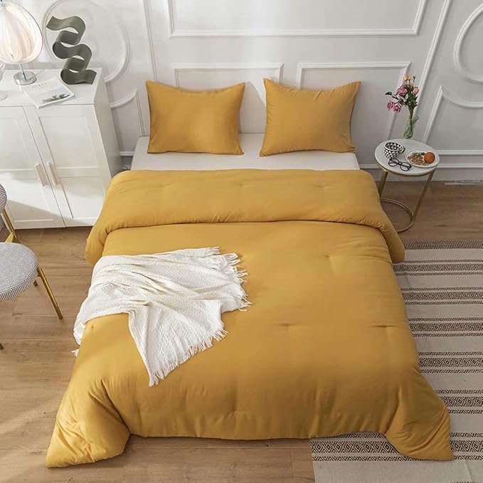 Cottonight Mustard Yellow Comforter Sets King Solid Dark Yellow Bedding Comforter Set Deep Yellow Cozy Blanket Quilts Women Men Durable Modern Style Mustsard Bedding Set for Adults Teens