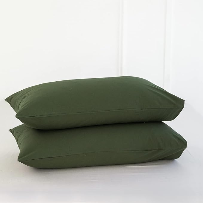 MooMee Bedding Pillowcases Pack of 2 100% Washed Cotton Linen Like Textured Breathable Durable Soft Comfy (Solid Olive Green, Queen)