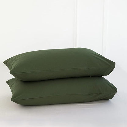 MooMee Bedding Pillowcases Pack of 2 100% Washed Cotton Linen Like Textured Breathable Durable Soft Comfy (Solid Olive Green, Queen)