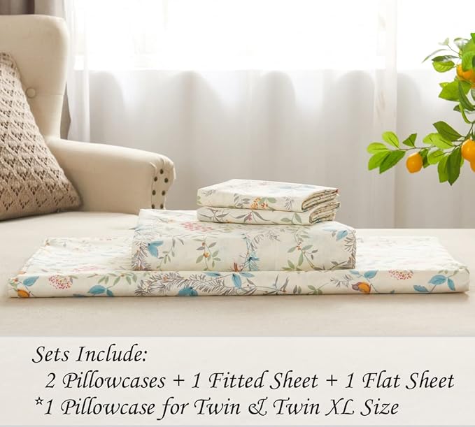 DAUAOTO Cotton Sheets Set California King Printed Bedding Sets, Bird Botanical Pattern Bedlinen for Cal King Bed Up to 14" Deep Mattress Cream
