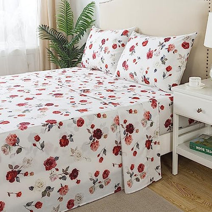 FADFAY Rose Sheets Set Twin Vintage White Floral Bedding Chic Red Rose Bed Sheets Shabby Farmhouse Bedding 100% Percale Egyptian Cotton 800 Thread Count Deep Pocket Fitted Sheet 4Pcs, Twin Size