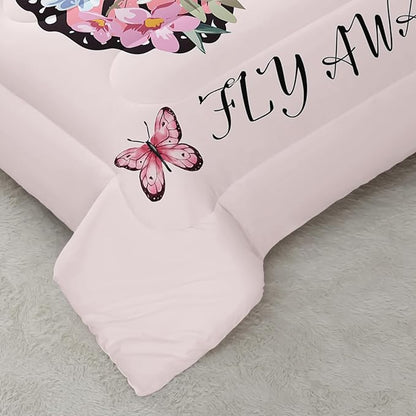 Pink Floral Butterfly Tower Comforter Set Queen Girl Butterfly Bedding Sets 3PCS for Kids Teen Adult Girl Room Decor Ultra-Soft Lightweight Microfiber 1 Comforter with 2 Pillowcases